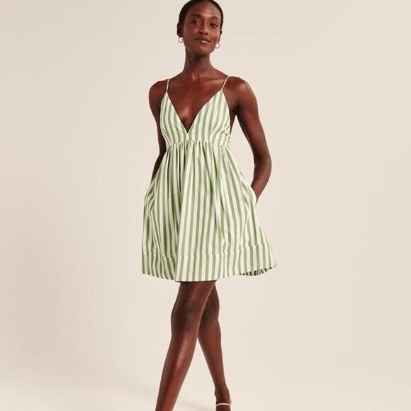 V Neck Babydoll Dress - Green& White Striped - M Petite - Abercrombie & Fitch - Picture 1 of 9